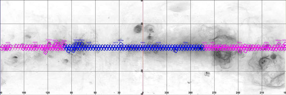 MIRIS Paα 은하면 탐사관측의 개별 관측 필드를 Hα 전천 영상(Finkbeiner, 2013)에 나타낸 그림. 파란색 필드들은 2014년 4월부터 8월까지, 보라색 필드들은 2014년 11월부터 2015년 3월까지 관측되었다