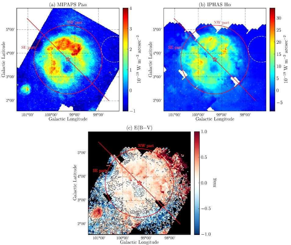 전리수소영역 Sh2-131에 대한 MIRIS Paα 영상(왼쪽 위)과 IPHAS Hα 영상 (오른쪽 위), 그리고 이 두 영상으로부터 작성된 E(B-V) 소광맵(아래). 이 전리수소영역을 이온화시킨 별의 위치는 중앙에 별로 표시하였다. 왼쪽 아래 부근에 보이는 작은 소스는 더 먼 거리에 있어서 더 높은 소광값과 작은 크기를 나타내는 또 다른 전리수소영역이다
