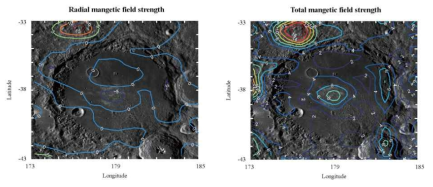 Leibnitz crater지역의 자기장 분포도이다. Radial 성분(좌)과 Total 성분(우)의 자기장 세기