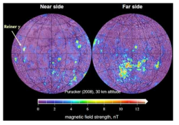 Lunar Prospector가 고도 ~30 km에서 얻은 자기장 자료를 토대로 제작된 달 자기장 지도 [Purucker, 2008]