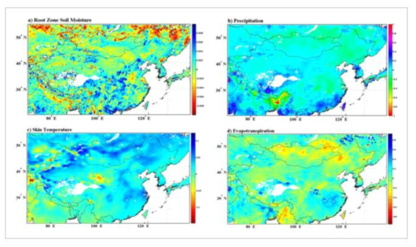 동아시아 지역의 위성 기반 다양한 수문인자 데이터, a) Root zone Soil Moisture, b) 강우, c) 지표면 온도, d) 증발산