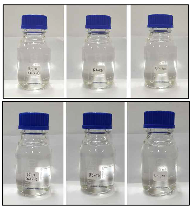 저장안정성 평가 (상)초기시료와 (하)10주 후 시료의 색상 변화