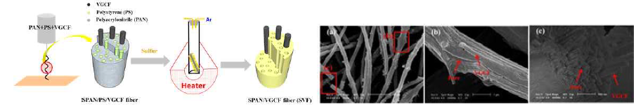 SPAN/VGCF 복합체의 제조과정, 기공과 VGCF를 보여주는 SEM 사진