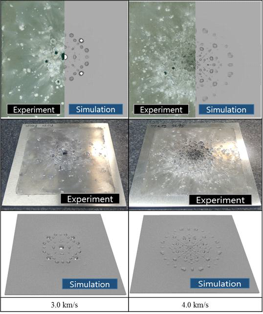 초고속 충돌 시험 및 해석 으로 witness plate 의 손상비교
