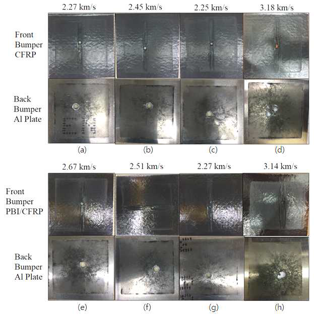 case (a)의 시험후 시편 형상 ((a)~(d):CFRP, (e)~(h):PBI/CFRP)