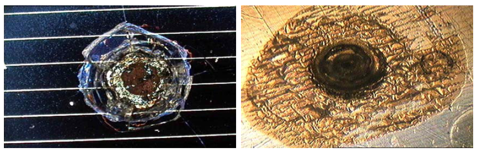 허블 우주 망원경의 초고속 미소유성체의 충돌(Solar panel, 왼쪽, MLI(Multi Layer Insulation), 오른쪽)