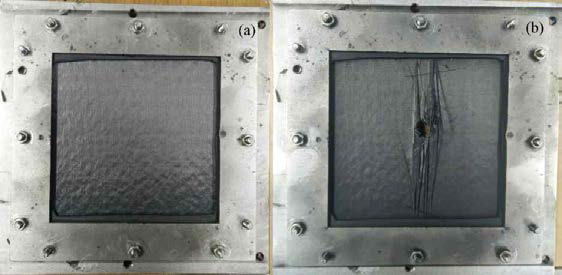 시편 (a) 충격 시험 전, (b) 충격 시험 후