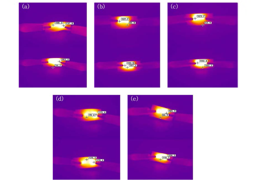 각 시료의 발열 적외선 촬영 사진 (a) S55, (b) S60, (c) S75, (d) S100, (e) S125 (상단: 3V, 하단: 4V)