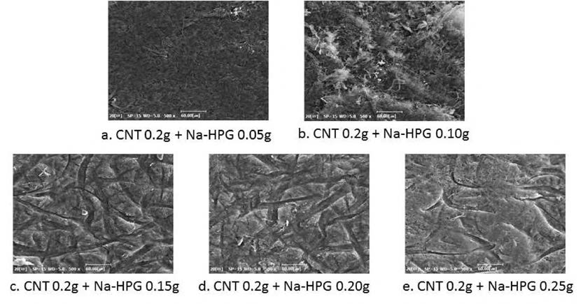 다양한 함량의 고차가지구조형 초분자 링커가 첨가된 CNT 부직포의 표면 SEM 이미지