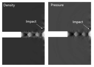 충격제트의 플룸 형상 (좌) 밀도장 (우) 압력장
