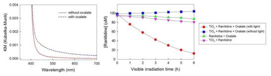 옥살산 결합 이산화티타늄의 가시광 흡수 및 라니티딘 분해 결과