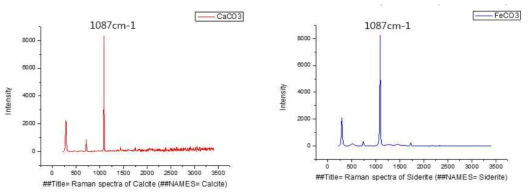 Calcite(CaCO3)와 Siderite(FeCO3)의 Raman 스펙트럼의 비교