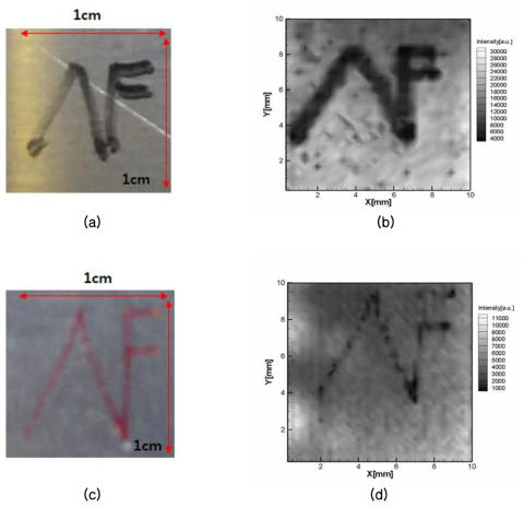 잉크 두께 0.6 mm(a, b)와 0.3 mm(c, d)에 대한 2D chemical mapping