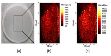 pellet 토양 샘플 1(a), 유류 지문의 화학적 분포도 766.587 nm(b), 770.047 nm(c)