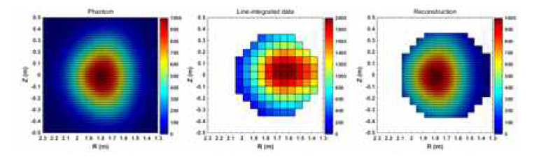 GEM 영상에 적용된 재구성 알고리즘의 신뢰성 검증을 위해 수행된 팬텀 테스트. 가장 왼쪽 그림부터 차례대로 팬텀 영상, 선적분된 영상, 재구성 영상. 이 테스트의 재구성 오차율은 1.44%로 나타났다