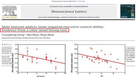 인터넷 중독 상태와 행동 결과 및 뇌 활성화 간의 유의미한 상관관계 (Dong et al., 2011)