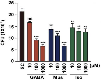 살모넬라균 감염된 마우스 장기에서 GABA에 의한 균수 증감비교