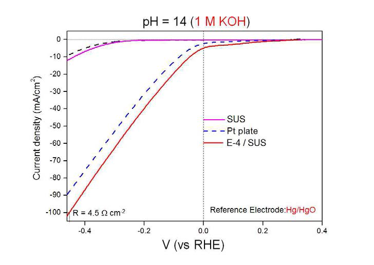 pH = 14에서 E-4 / SUS와 백금판의 성능 비교