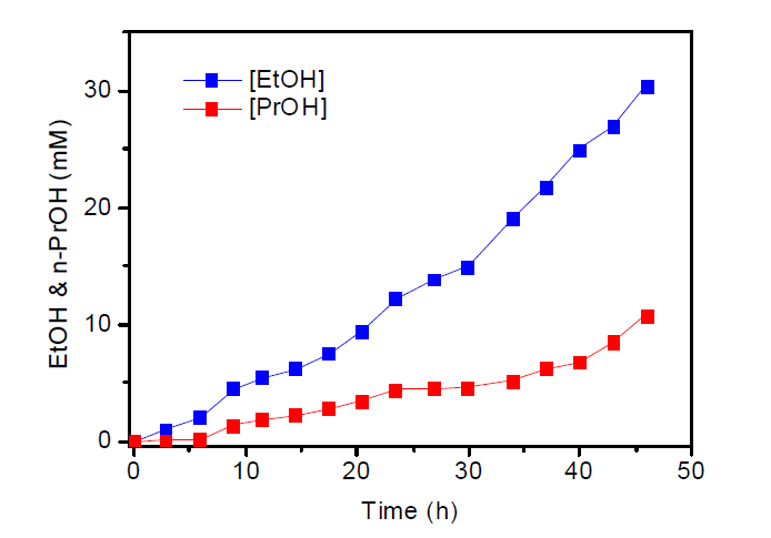 CO2-to-Fuel 전극반응을 통해서 생성되는 에탄올과 프로판올의 시간에 따른 농도증가