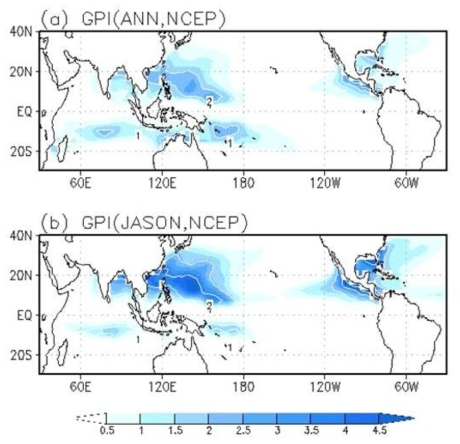 Map of GPI climatology from NCEP/NCAR reanalysis dataset. (a) annual mean, and (b) JASON (July, August, September, October, and November ) season