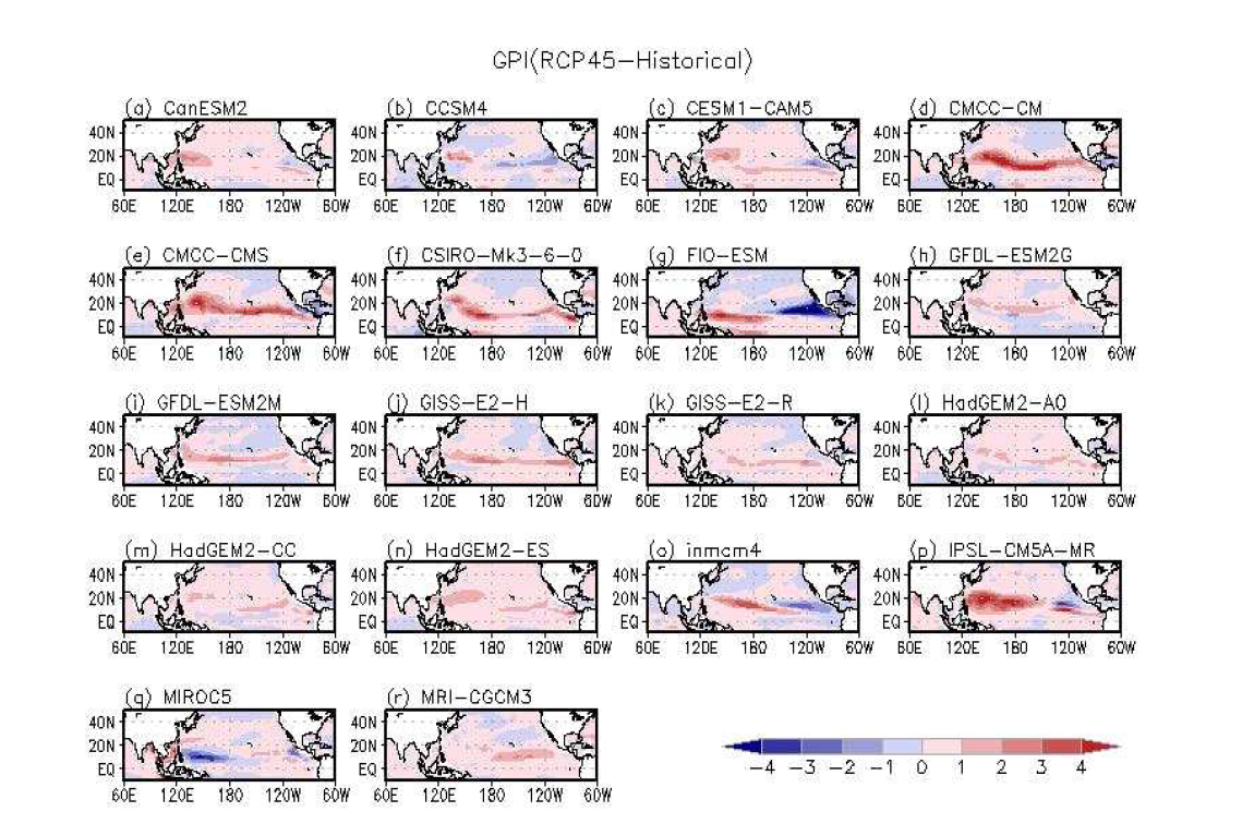 Maps of genesis potential index differences of historical and RCP 4.5 scenario runs in CMIP5 climate models