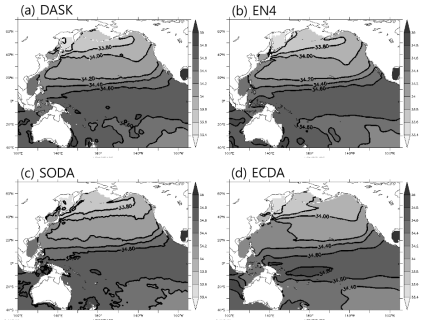 Horizontal distribution of salinity averaged from 2001 to 2010 on the = 26.8 density surface, on which NPIW disperses southwestward in the (a) DASK, (b) EN4, (c) SODA and (d) ECDA. Units are psu