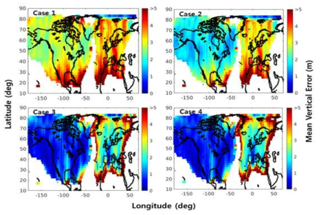 전리층 모델별 평균 저궤도위성 수직 오차 분포 (2015년)