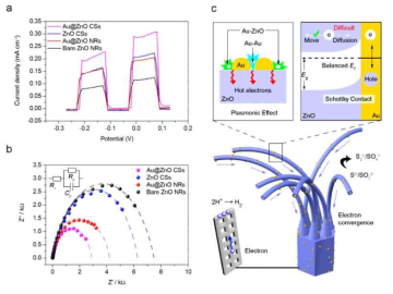 (a) Linear sweep voltammetry (b) EIS (c) schottky contact에서의 플라즈몬 효과 모식도