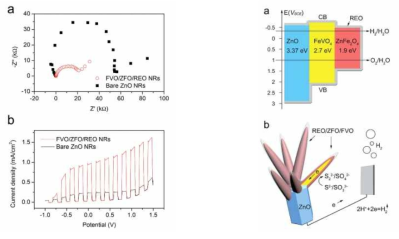 (좌) (a) EIS (b) Linear sweep voltammetry, (우) (a) 밴드구조 (b) 반응 모식도