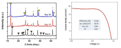페로브스카이트의 XRD 데이터와 페로브스카이트 태양전지의 전기적 특성