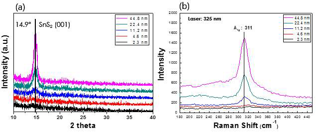 본 연구팀이 진행한 두께별 SnS2 (a)XRD 데이터, (b) Raman 데이터