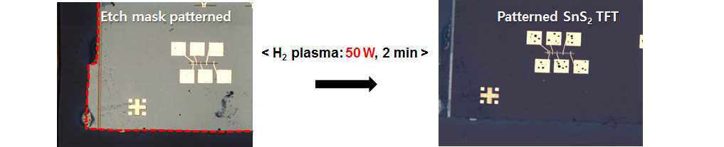 본 연구팀이 3세부 연구팀과 함께 진행한 SnS2에 H2 플라즈마를 50W 2분동안 조사한 이미지