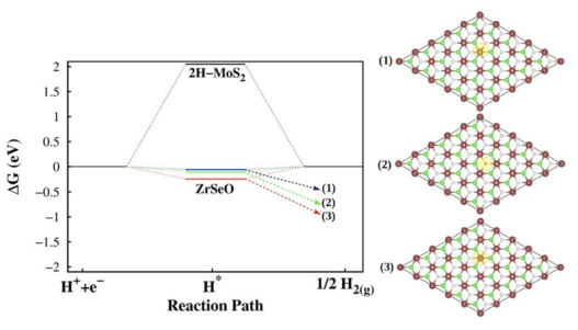 2H-MoS2와 1T-ZrSeO의 HER 반응에 대한 Gibbs free energy 비교