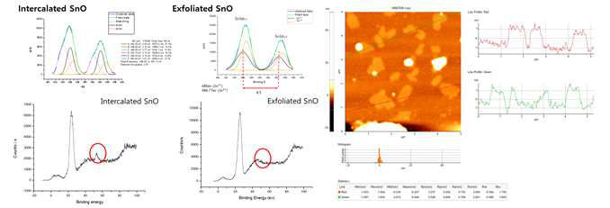 SnO 산화물의 단일층 분리 전/후 XPS 분석 및 AFM을 통한 높이 분석