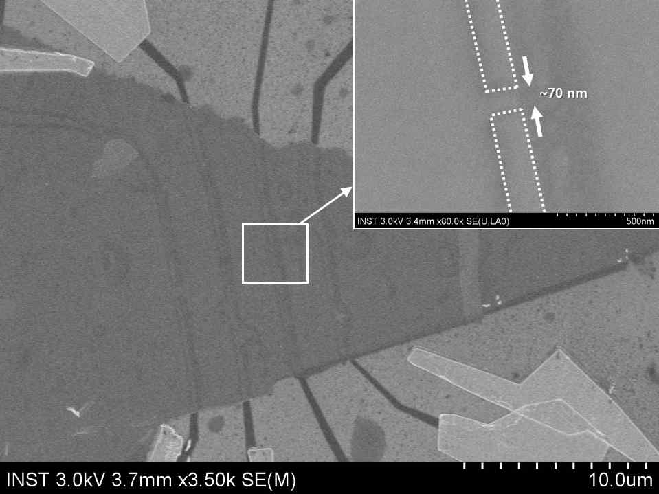 100 nm 이하의 채널 길이로 패터닝된 이종접합 소자의 광학 현미경 사진