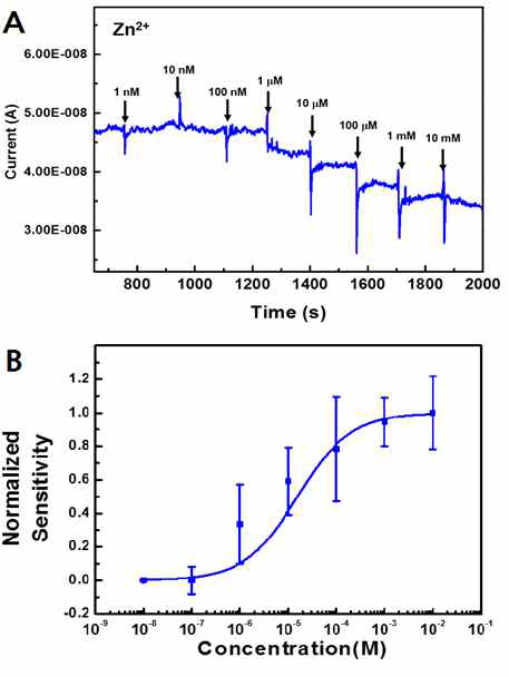 Zinpyr-1 박막을 이용한 Zinc 이온 센서의 반응성 측정 결과 A. 농도별 Zinc 이온 수용액에 대한 실시간 반응 B. 농도별 Zinc 이온 수용액에 대한 반응 곡선
