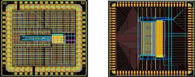 Impedance 센싱을 위한 custom IC (CMOS 0.18 μm) 설계함.(좌; Single Channel IC, 우; Multi Channel IC)