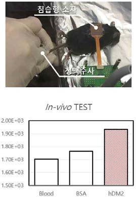 In vivo 실험 중 용액의 정맥 주사 이미지 (상단)와 순환되는 혈액에서 측정된 임피던스 결과 그래프 (하단)