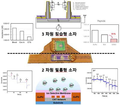 Zn2+ 이온과 K+ 이온 등의 생화학 이온의 감지가 가능한 2 차원 필름형 소자와 콜레라 독소와 발암물질 등의 감지가 가능한 3 차원 침습형 소자를 유연성 기판인 fPCB 상에 융합시켜 시스템을 통합한 신개념 생체 복합 소자의 prototype 이미지