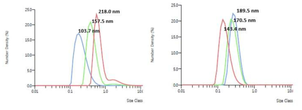식품나노소재(BSA nanoparticles)의 size 분포 분석 1차(좌) 및 2차(우)