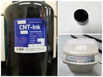ACN사의 5 wt% CNT 분산액(左), Alginate와 CNT 혼합 Dope(右上), Dope 제조에 사용한 Thinky Mixer(右下)