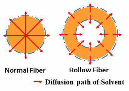 섬유 단면 구조에 따른 용매 확산 경로 모식도