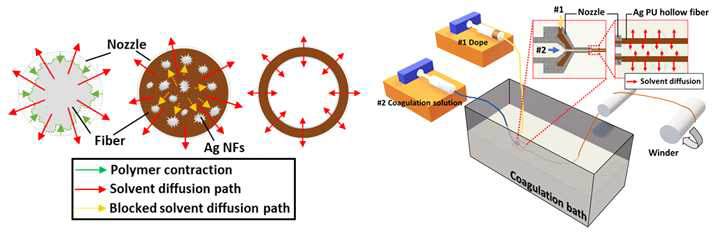 섬유 고형화 과정의 모식도 및 중공사 형태의 Ag-PU fiber 제작 과정 모식도