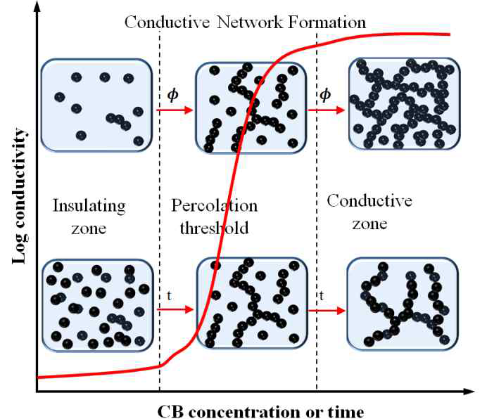전도성 물질의 부피에 따른 전도성 네트워크 (percolation) 형성 과정 및 전도성 변화