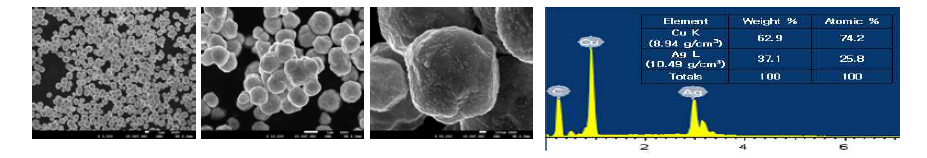은이 코팅된 구리 구형입자의 표면 형상 및 은 함유량