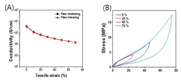 습식 방사 후 120%의 연신을 거친 섬유의 (A) 전기 전도도-신장률 관계 (B) 응력-신장률 관계