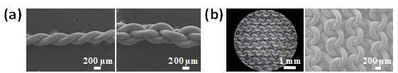 습식방사를 통해 얻은 섬유를 이용하여 제직한 (a) 2-ply rope, 4-ply rope의 SEM 이미지 (b) Weft knitted fabric의 Optic, SEM 이미지. [ACS NANO, 9, 10876]