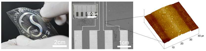포토리소그래피 공정으로 패터닝한 은나노 입자가 혼성된 고분자전해질 다층막. (좌) 매크로 스케일, (중) 마이크로 스케일, (우) AFM 이미지 z-scale 300 nm