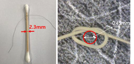 Hydrolysis에 따른 Ag-PVA 복합 섬유의 유연성 비교 사진. (99% hydrolysis (좌), 80% hydrolysis (우))