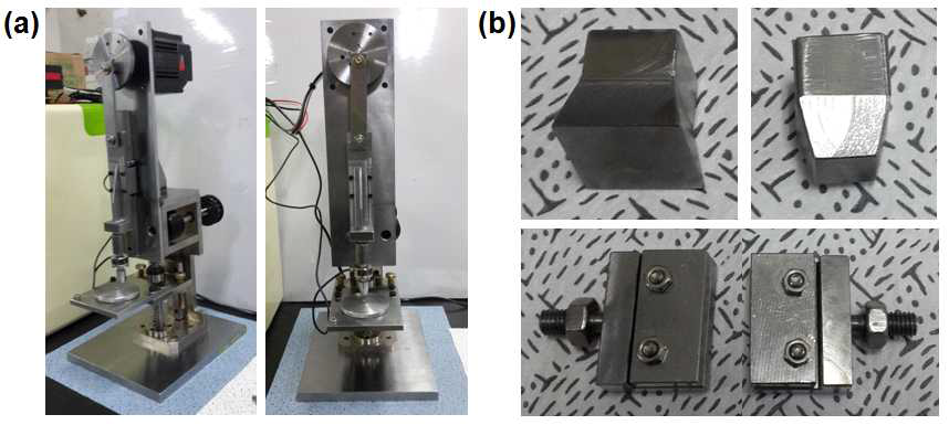 제작된 nanogenerator 측정장치의 (a) 측면, 전면 이미지와 (b) 타격용, 밴딩용 팁셋